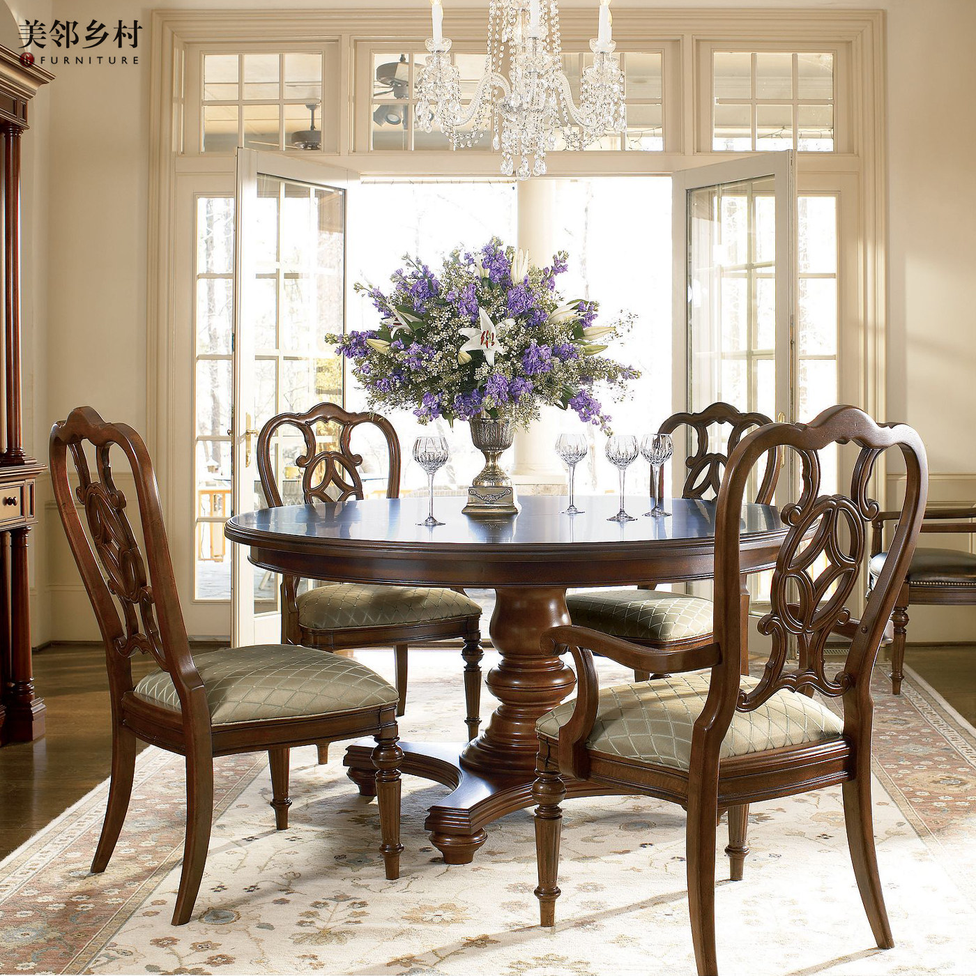 美式乡村复古全实木圆餐桌1.3米6人组合餐桌椅小户型饭桌高端定制