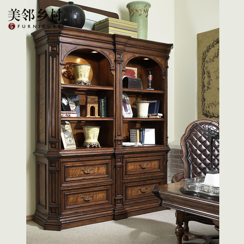美式欧式古典全实木做旧大书柜别墅靠墙陈列柜带抽屉组合书橱书柜