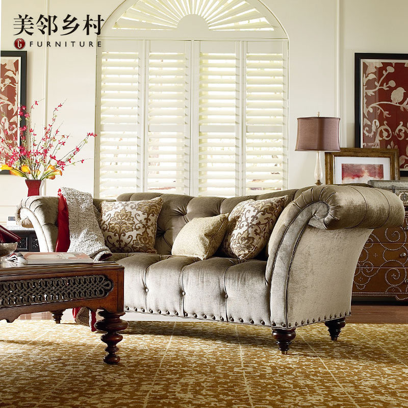 美式复古轻奢实木三人位组合广东定制工厂羽绒舒适客厅布艺沙发