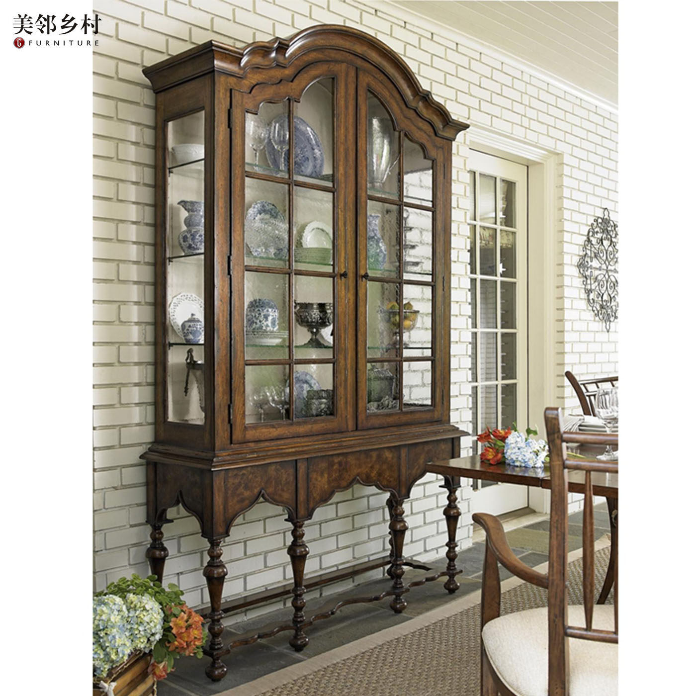 美式欧式复古做旧桃花心全实木玻璃酒柜餐厅定制双门红酒柜陈列柜