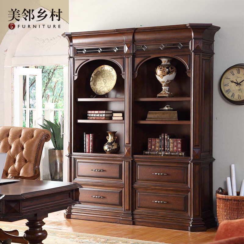 美式复古欧式实木雕刻整体书柜书橱书架书房定制双门书柜上下组合