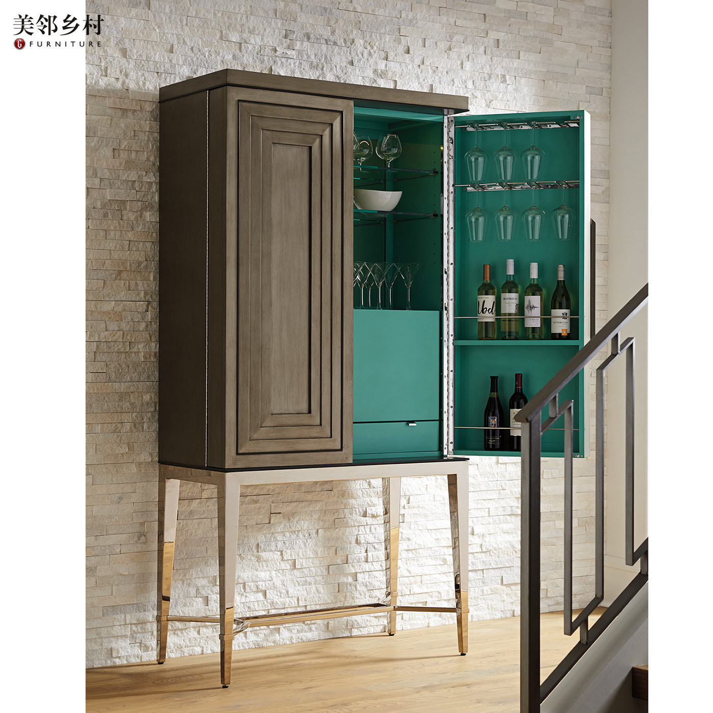 美式乡村实木酒柜客厅展示柜可移动定制个性艺术酒柜高端碗柜香槟
