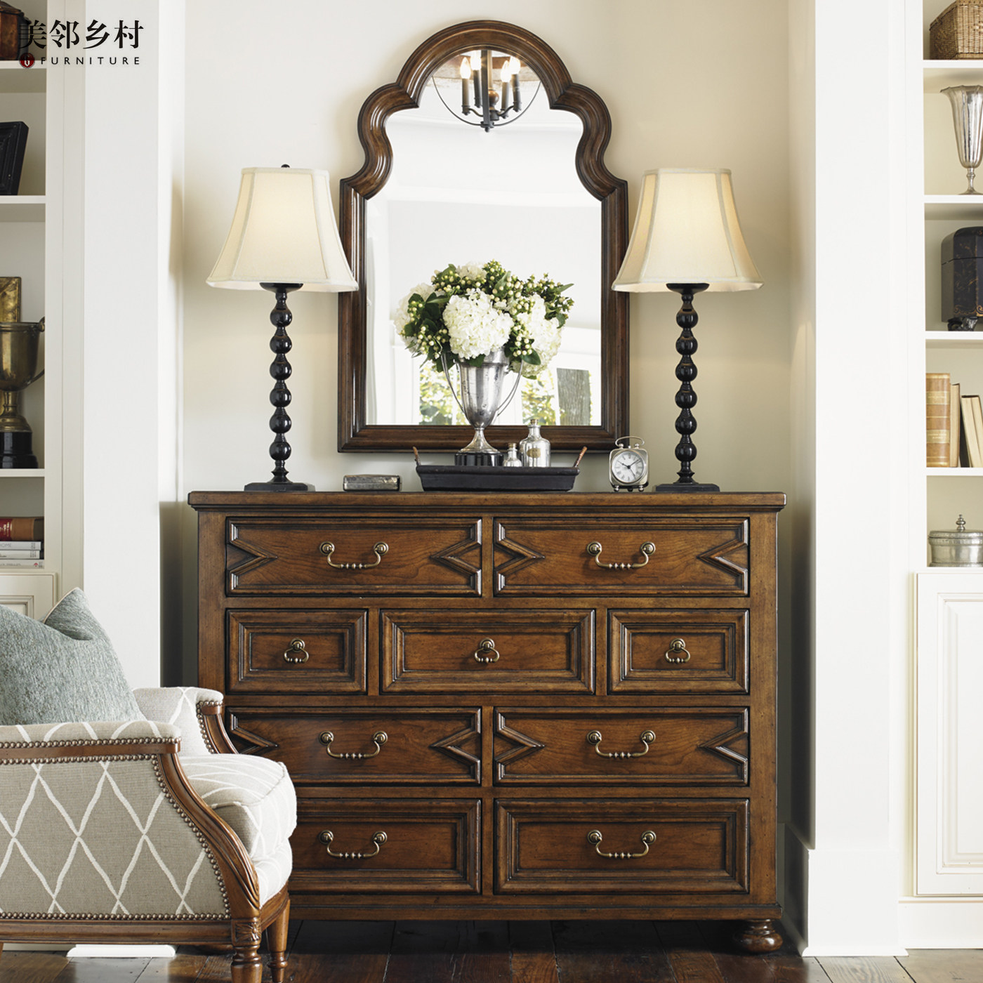 美式经典仿古做旧入门装饰玄关柜玄关镜4斗墙边柜柜储物高端定制