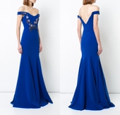 新款 鱼尾缎面年会宴会酒会演出走秀晚礼服 高端宝蓝色一字肩修身