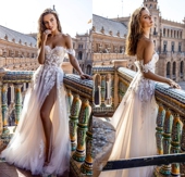 新款 蕾丝轻婚纱性感抹胸落肩侧开叉新娘户外婚礼旅拍婚纱定制