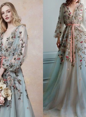 新款灰蓝色花朵仙仙礼服新娘网红拍照礼服生日宴会派对礼服敬酒服