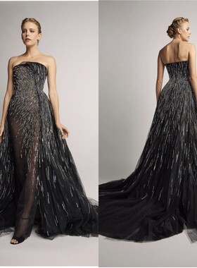 黑色时尚钉珠高档T台走秀大型演出钢琴演奏毕业舞会晚礼服定制