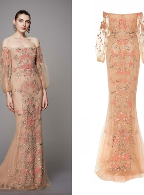 Marchesa高端新款晚礼服一字肩蕾丝鱼尾裙敬酒服新娘年会宴会派对