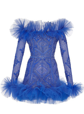 祖海慕拉新款时尚一字肩宝蓝色奢华钉珠短款宴会酒会生日礼服定制