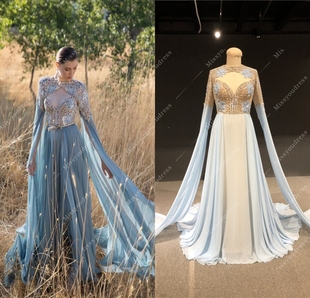 ElieSaab蓝色长水袖 奢华钉珠舞台走秀大型演出钢请表演晚礼服定制