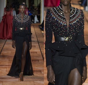 新款高端黑色长袖开叉年会宴会酒会颁奖典礼舞台走秀演出晚礼服