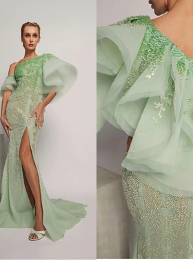 高档时尚果绿色修身优雅单肩舞台走秀演出独奏大型比赛长礼服定制