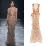 鱼尾橘色花朵钉珠名媛宴会酒会生日派对礼服晚装 Marchesa时尚 修身