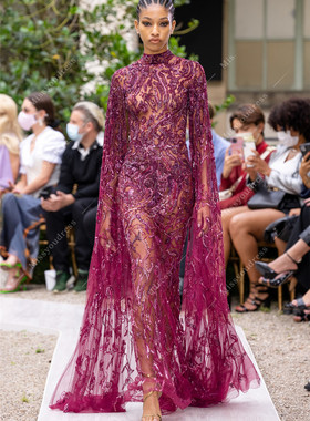 ZuhairMurad新款紫红色高领奢华高档手工钉珠模特走秀宴会晚礼服