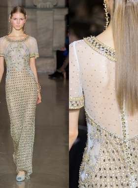 新款浅蓝色精致珠绣短袖修身名媛生日年会酒会结婚订婚主持晚礼服