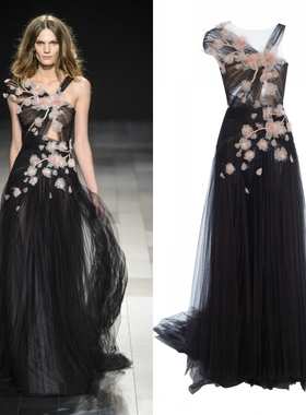 轻奢新款Marchesa黑色花朵仙仙女神单肩名媛宴会晚会生日年会礼服