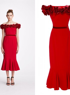 新款红色软缎一字肩立体花朵修身小鱼尾礼裙中长款新娘敬酒礼服