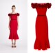 新娘敬酒礼服 小鱼尾礼裙中长款 新款 红色软缎一字肩立体花朵修身