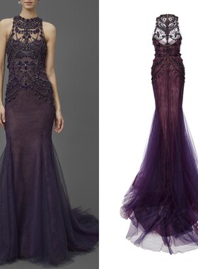 Marchesa深紫色性感鱼尾奢华钉珠年会宴会酒会红毯走秀新娘晚礼服
