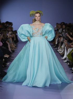 GeorgesHobeika蓝绿大气泡泡袖大裙摆舞台走秀演出新娘晚礼服定制