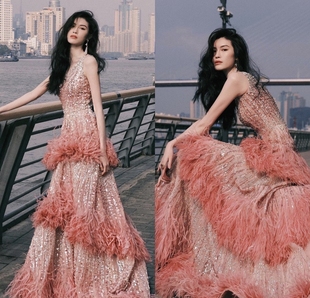 GeorgesHobeika何穗同款 单肩女神鸵鸟毛颁奖典礼晚礼服新娘敬酒服