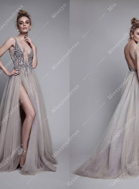 新款浅灰色长款深V侧开叉精致钉珠宴会酒会生日派对主持礼服定制