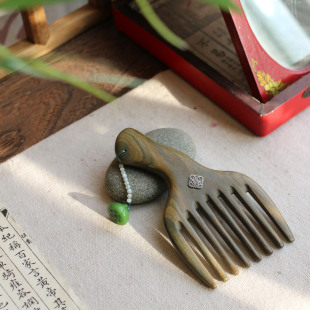 念君欢 中式诗意礼物天然绿檀镶银木梳子手柄梳按摩梳阔齿梳 刻字