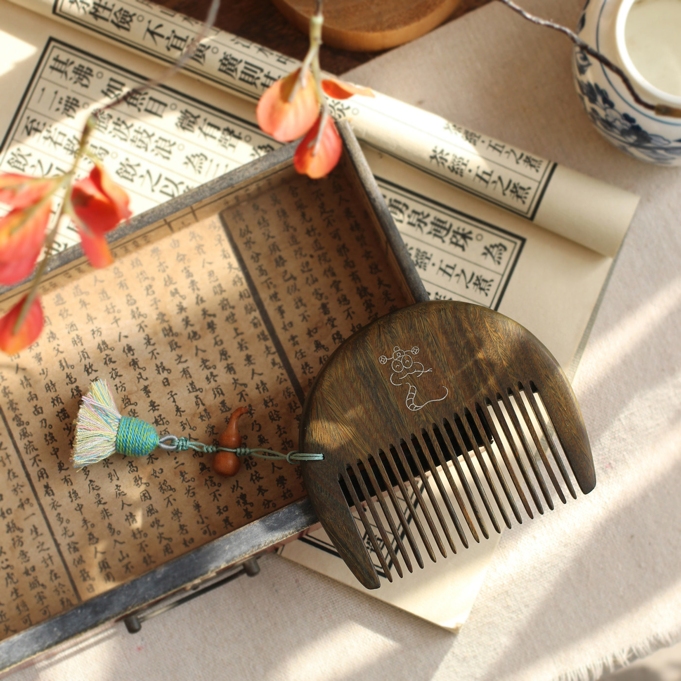 蛇宝宝的礼物 巳巳如意中式绿檀木便携镶银木梳子葫芦吊坠 刻字