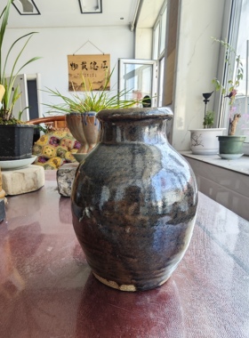 民间杂货老古董古玩民俗老物件黑釉橄榄造型小插花赏瓶