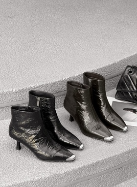 欧洲站2025冬季新款英伦风牛皮真皮细跟中跟尖头短靴女皮靴55511