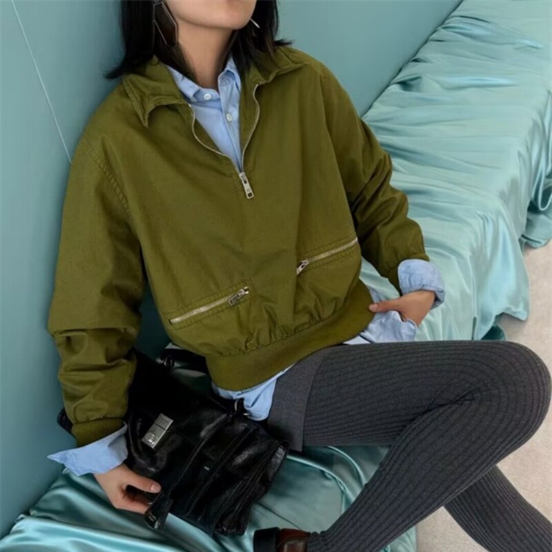 南油高定2025春季洗水棉复古做旧缕空翻领短款夹克上衣外套女