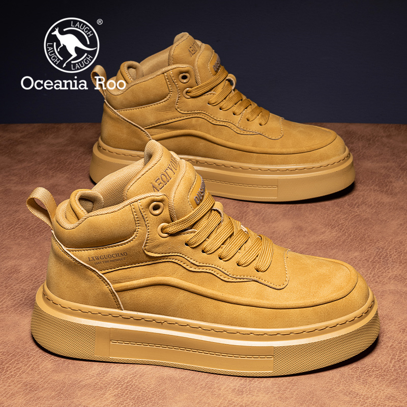 高帮男鞋秋季高级感休闲板鞋真皮运动增高厚底麦色冬季加绒棉鞋潮