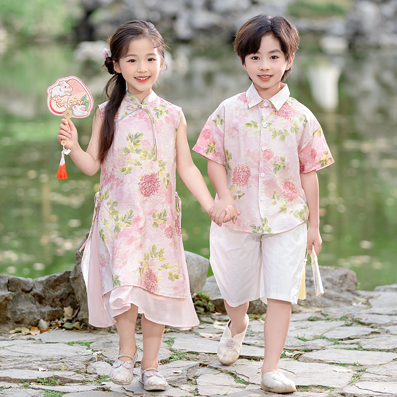 国风汉服套装夏季女童连衣裙背心旗袍裙中式男童短袖衬衫儿童唐装