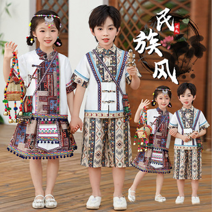 儿童夏款少数民族风服装彝族苗族壮族傣族白族男女童小学生演出服