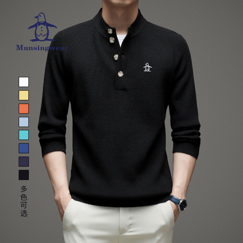 MUNSINGWEAR万星威高尔夫男子纽扣立领长袖T恤针织衫打底POLO毛衣