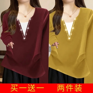 v领镶砖红色打底衫女装秋季新款大码收腰显瘦长袖t恤洋气漂亮上衣