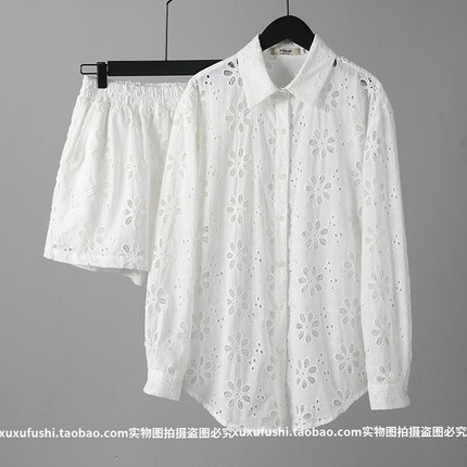夏季韩版镂空花朵衬衫纯欲宽松长袖短裤两件套装女防晒衣时尚运动