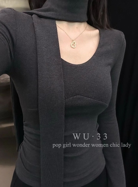 WU33打底衫2025冬新韩飘带设计长袖羊绒加绒T恤修身显瘦辣妹上衣