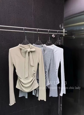 wu33打底衫025秋冬新韩版u领飘带设计喇叭袖加绒T恤纯欲显瘦上衣