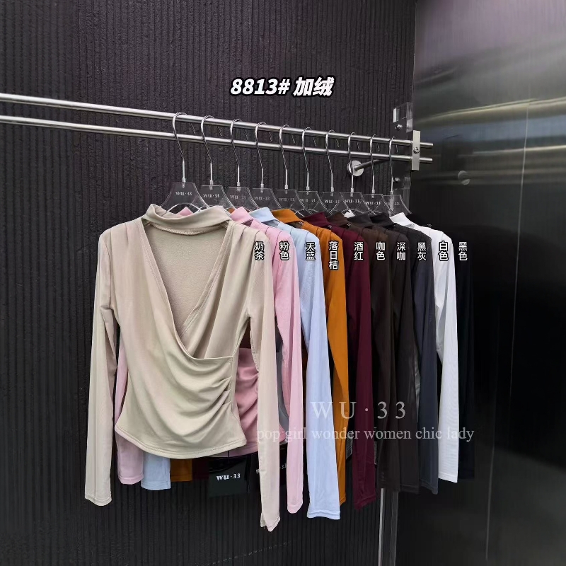 wu33韩版挂脖v领交叉设计T恤