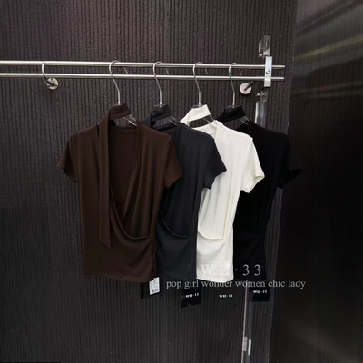 wu33韩版设计感飘带V领短袖T恤