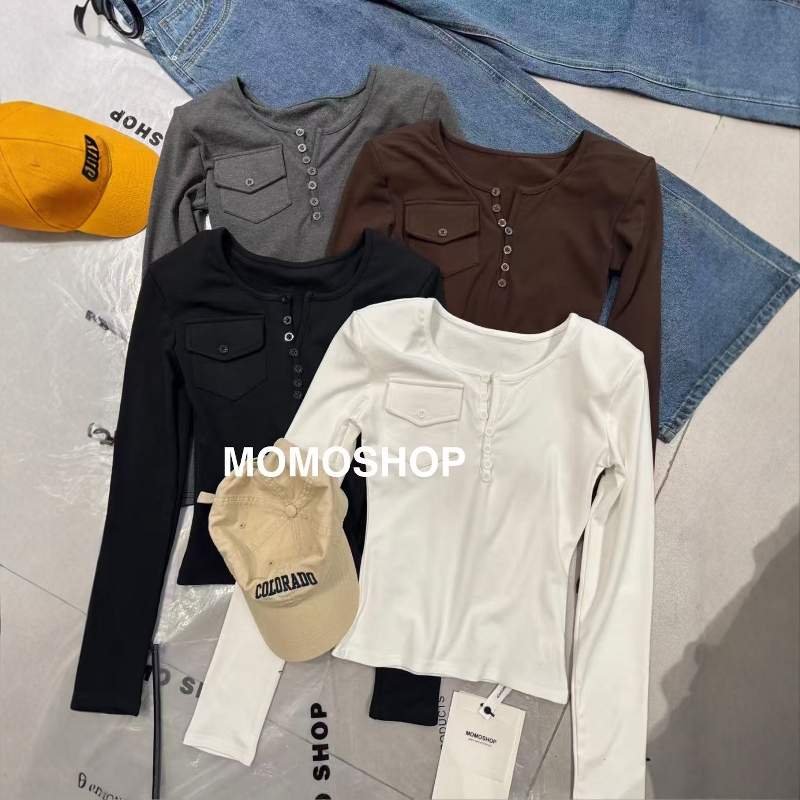 momo冬季韩版U领磨毛口袋T恤
