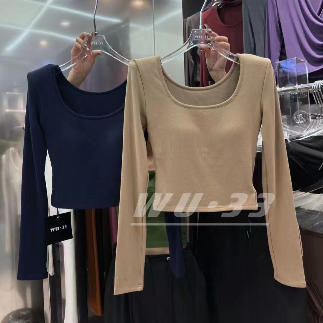 wu33打底2025冬新韩版方领带胸垫设计感加绒长袖T恤修身显瘦上衣