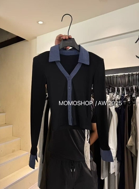 momo打底衫2025秋新款韩版撞色设计感polo领长袖T恤修身显瘦上衣