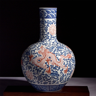景德镇仿古花瓶手绘青花釉里红海水龙天球花瓶居家装饰摆件玄关