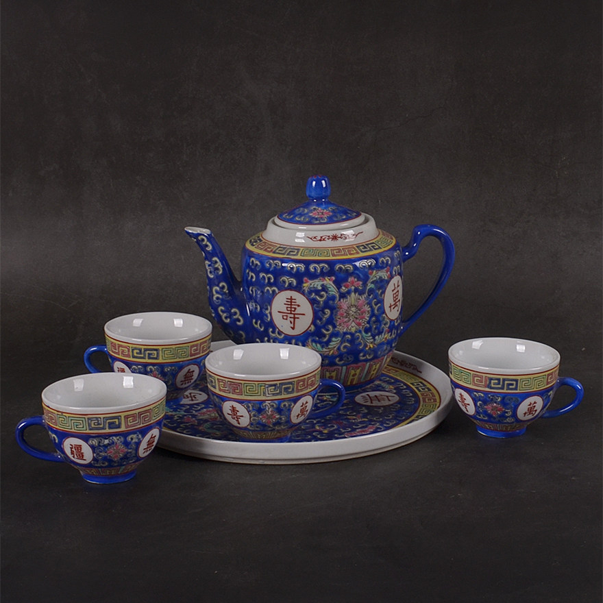 景德镇蓝色六头粉彩万寿无疆茶具套茶杯茶壶老厂货文革瓷红色收藏