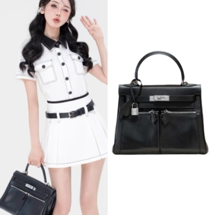 h家头层swift小牛皮凯莉包lakis中性风双口袋真皮斜挎手提包锁扣