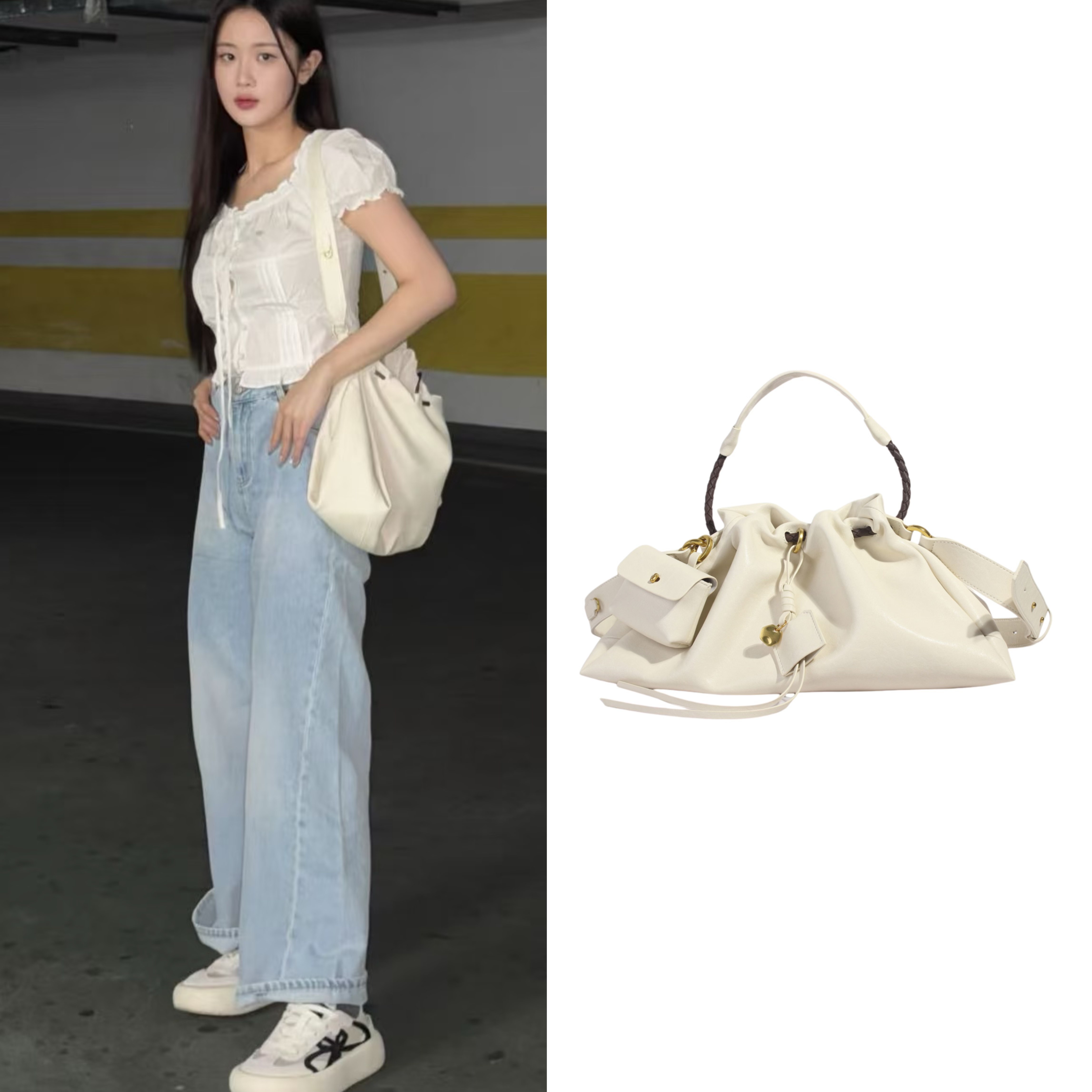 米白色抽绳拼接水桶包时尚质感单肩包女包通勤斜挎包腋下包通勤包