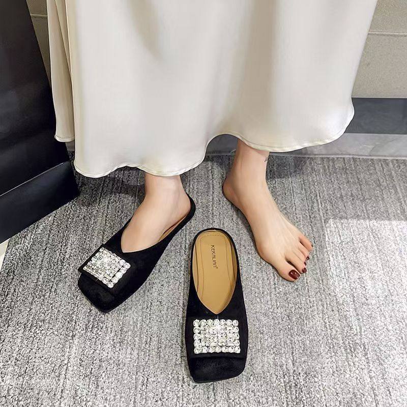 网红包头半拖鞋女时尚方头2025新款夏季外穿手工平底方扣水钻单鞋