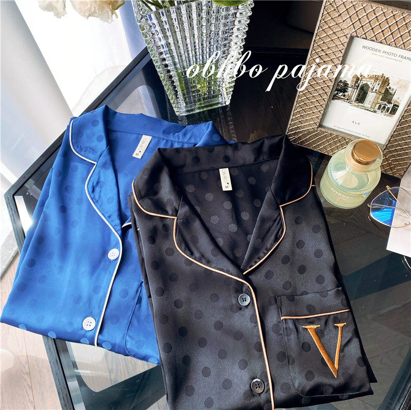 飒~中性风V刺绣圆点提花冰丝绸春夏薄款家居服套装女长袖睡衣显瘦